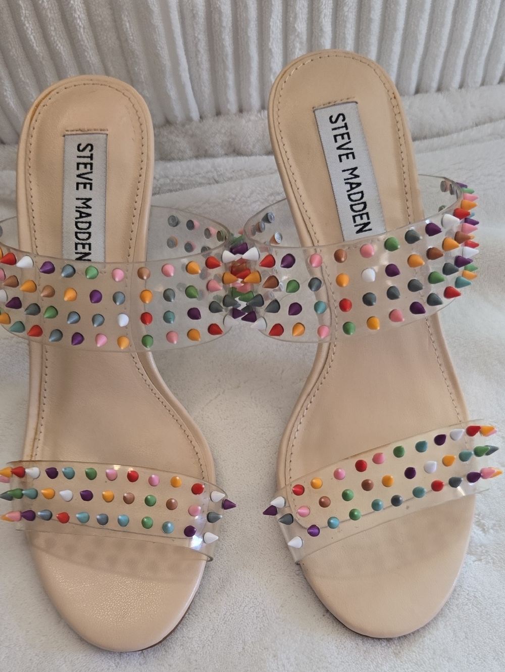 Steve Madden Nude Clear Heels with Multicolor Studs